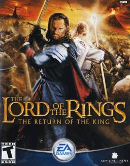 Box art, depicting the characters Aragon and Gandalf wielding their weapons. Behind them are Orcs against a background consisting of a flying Nazgûl, Mount Doom and Barad-Dûr. From left to right along the bottom are the ESRB rating of "Teen" and the EA Games and New Line Cinema logos.